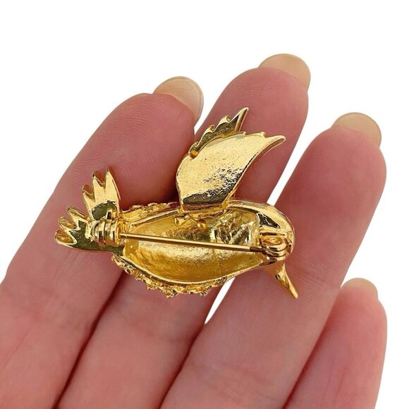 Vintage Gold Toned Hummingbird With Rhinestone Embellished Wing Brooch & Pouch - Picture 5 of 6